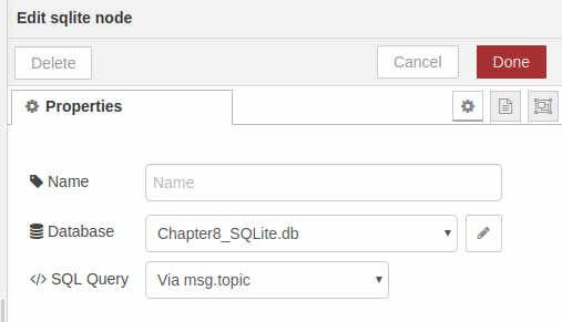 Edit SQLite node - Chapter8_SQLite.db file - Chapter 8 - Develop your SCADA Application based on Node-RED