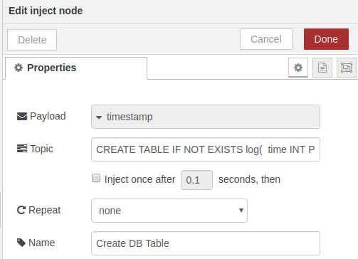 Edit inject node - Chapter8_SQLite.db file - Chapter 8 - Develop your SCADA Application based on Node-RED