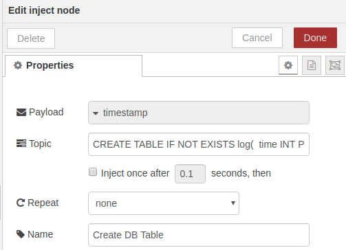 Edit inject node - Chapter8_SQLite.db file - Chapter 8 - Develop your SCADA Application based on Node-RED Edit inject node - Chapter8_SQLite.db file - Chapter 8 - Develop your SCADA Application based on Node-RED