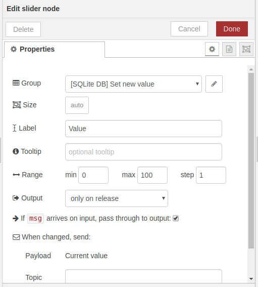 Edit slider node - SQLite bases - Using SQLite DataBase with NodeRED