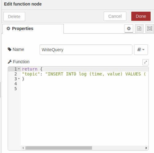 Edit function node - SQLite bases - Chapter 8 - Develop your SCADA Application based on Node-RED