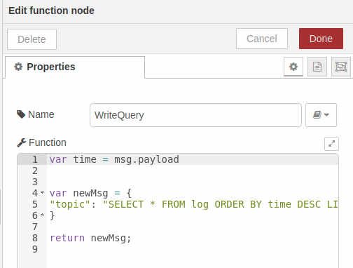 Edit function node - Configuration of every block - Chapter 8 - Develop your SCADA Application based on Node-RED