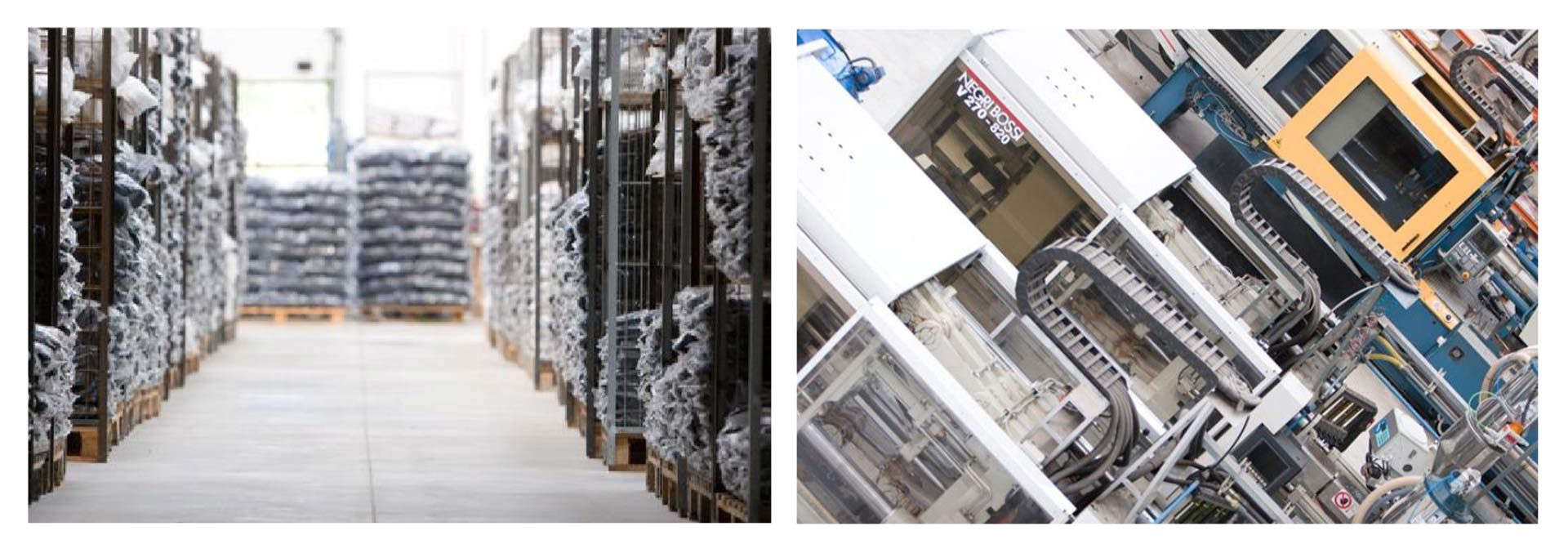 Fortaps plant in Tarragona: stock holding area with packed parts and production machinery