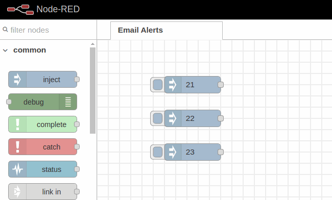 Inject nodes to send an email if the value is higher than 22 - Node-RED tutorial: How to send Emails using Raspberry PLC Inject nodes to send an email if the value is higher than 22 - Node-RED tutorial: How to send Emails using Raspberry PLC