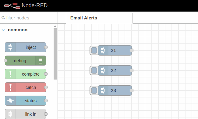 Inject nodes to send an email if the value is higher than 22 - Node-RED tutorial: How to send Emails using Raspberry PLC