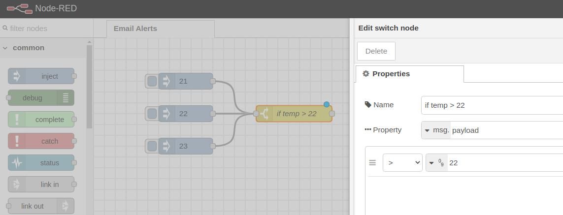 Switch node if value is higher than 22 - Node-RED tutorial: How to send Emails using Raspberry PLC Switch node if value is higher than 22 - Node-RED tutorial: How to send Emails using Raspberry PLC