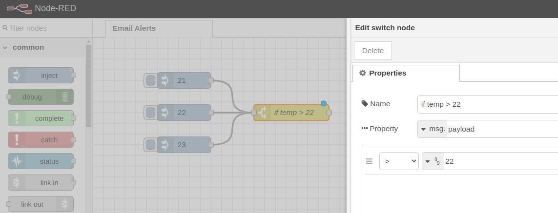 Switch node if value is higher than 22 - Node-RED tutorial: How to send Emails using Raspberry PLC