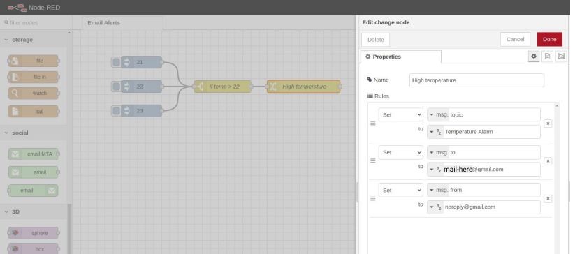 Add msg.topic, msg.to and msg.from to the change node - Node-RED tutorial: How to send Emails using Raspberry PLC