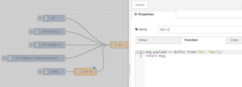 Propiedades - Editar nodo de función - Tutorial de Node-RED: Cómo enviar comandos AT con el PLC Raspberry