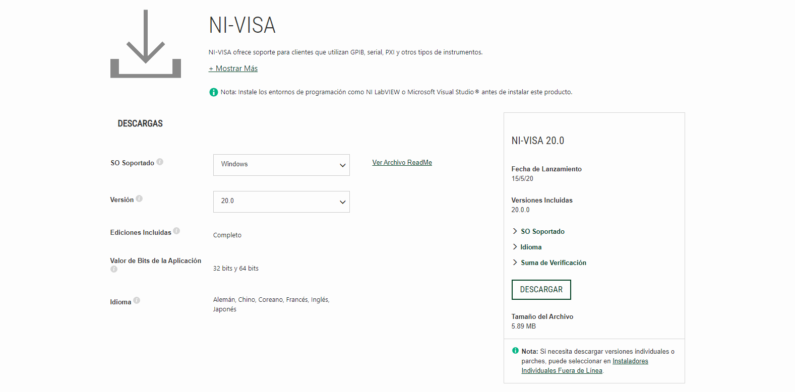 Descarga de NI VISA - Cómo instalar LabVIEW, NI VISA y VI Package Manager