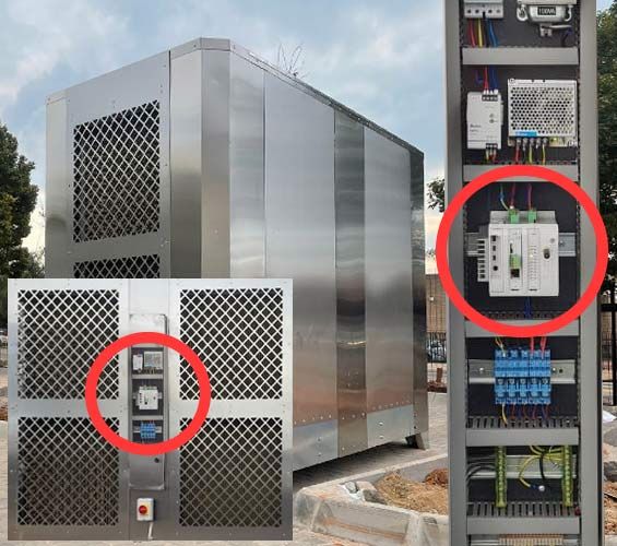 HVAC unit for a shopping centre with its control cabinet, the Raspberry PLC marked with red circles
