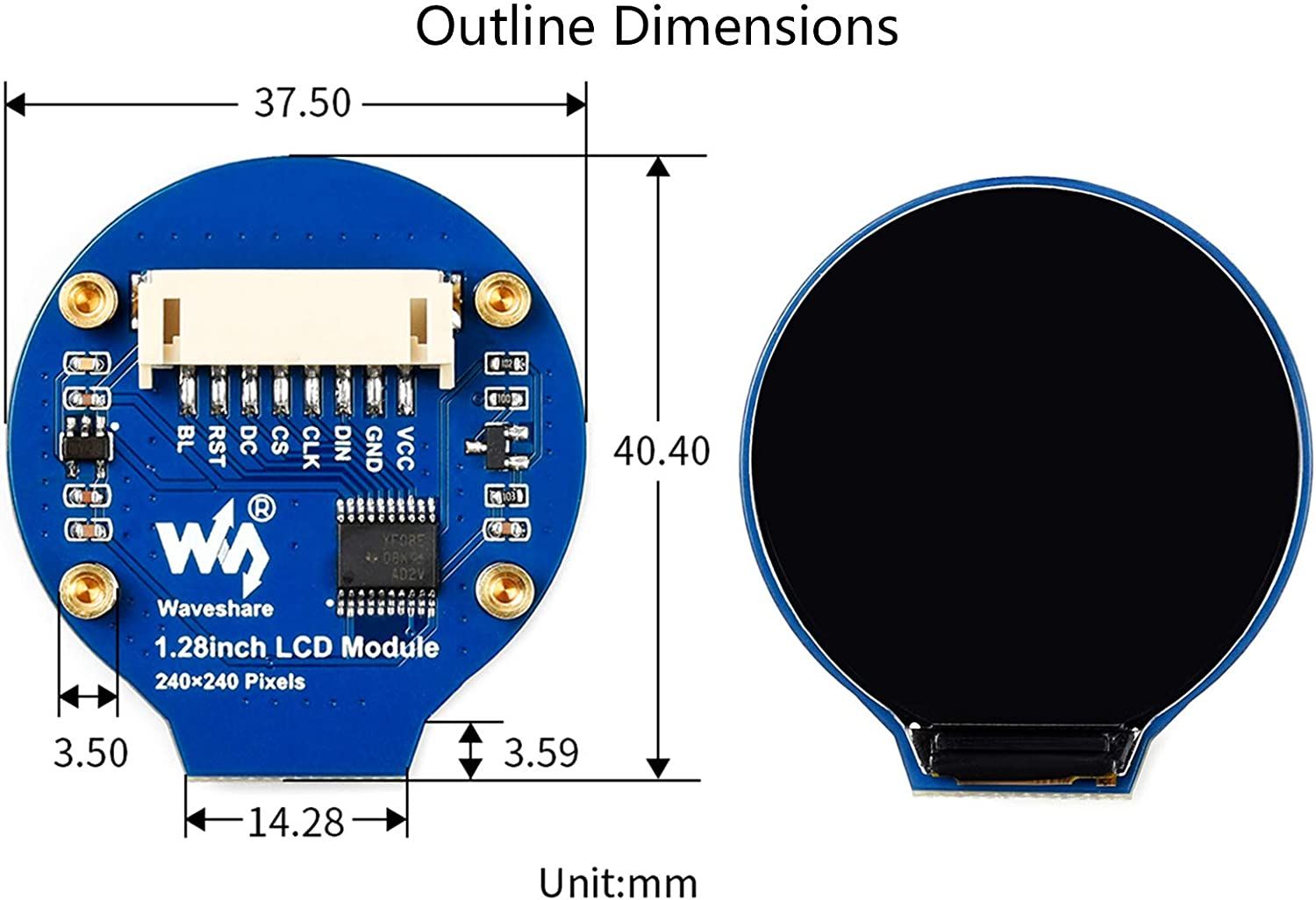 Dimensiones del módulo de pantalla LCD de 1,28" redondo - Tutorial de módulo de pantalla LCD de 1,28" y Raspberry