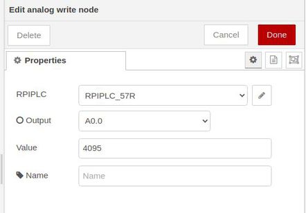Editar nodo de escritura analógica - Tutorial de Node-RED: Cómo configurar las salidas analógicas en el PLC de Raspberry