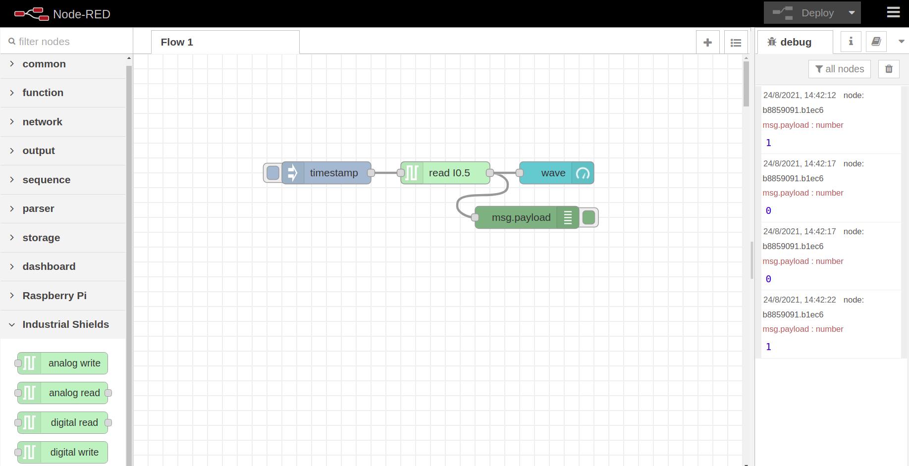 Flow 1 - Node-RED Tutorial: How to read digital inputs from Raspberry PLC Flow 1 - Node-RED Tutorial: How to read digital inputs from Raspberry PLC