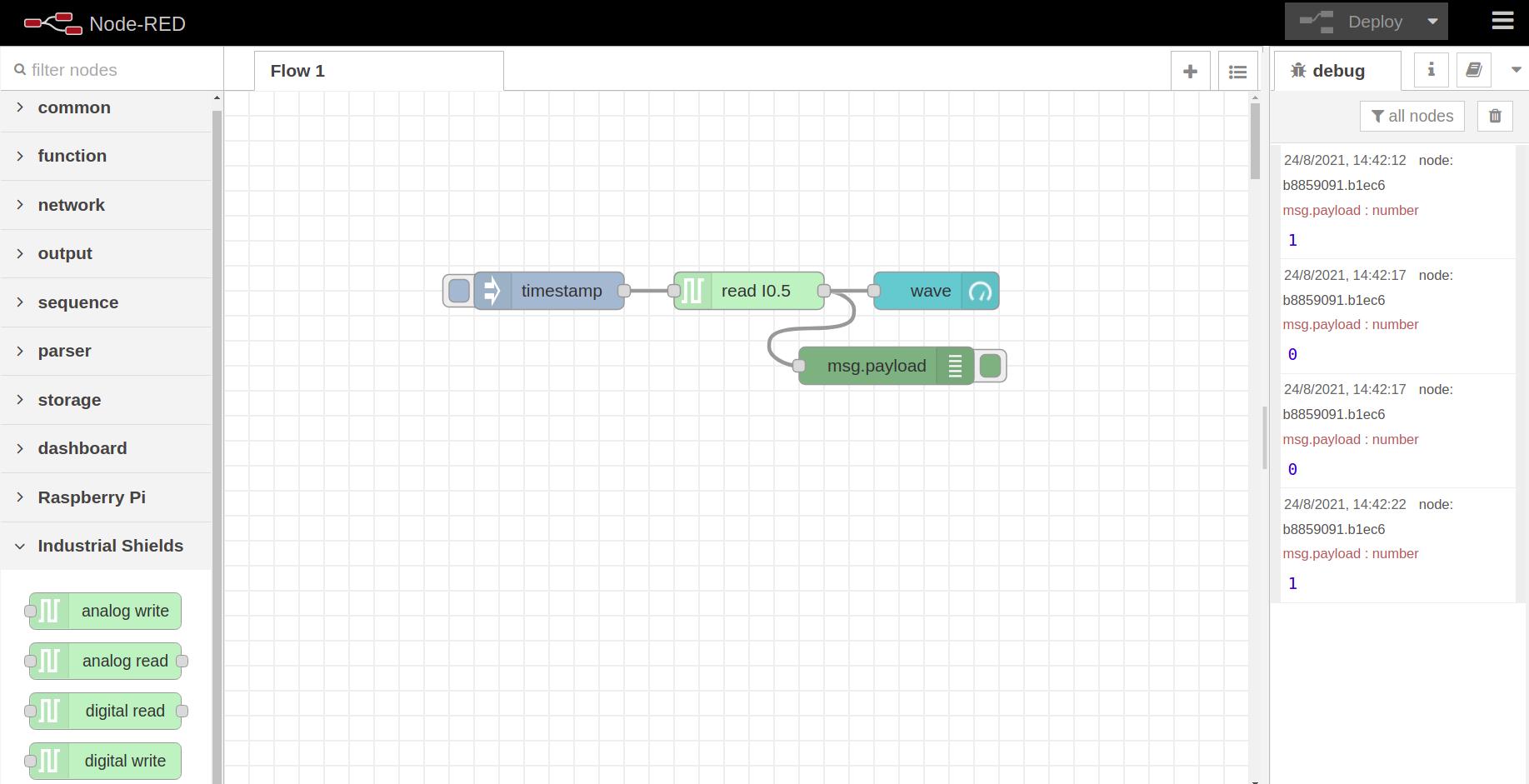 Flujo 1 - Tutorial de Node-RED: Cómo leer las entradas digitales del PLC Raspberry