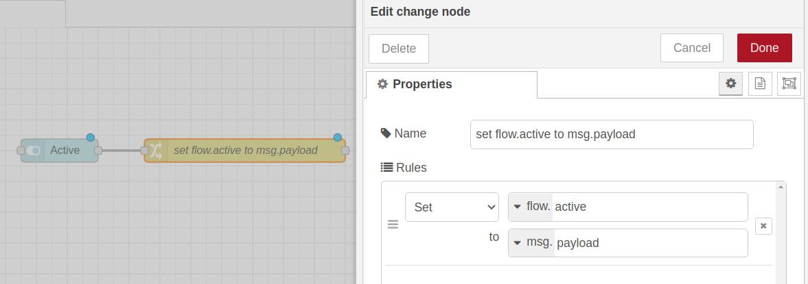 Add a change node - Node-RED flow - Node-RED Example: How to set a countdown on Raspberry PLC