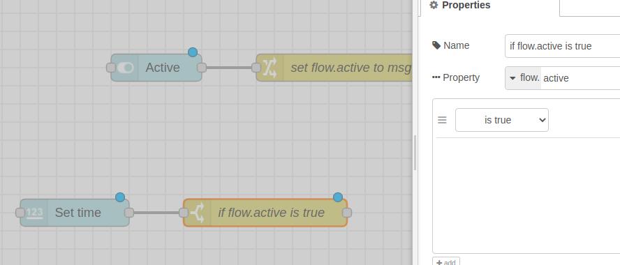 Add a switch node if the variable is true - Node-RED flow - Node-RED Example: How to set a countdown on Raspberry PLC