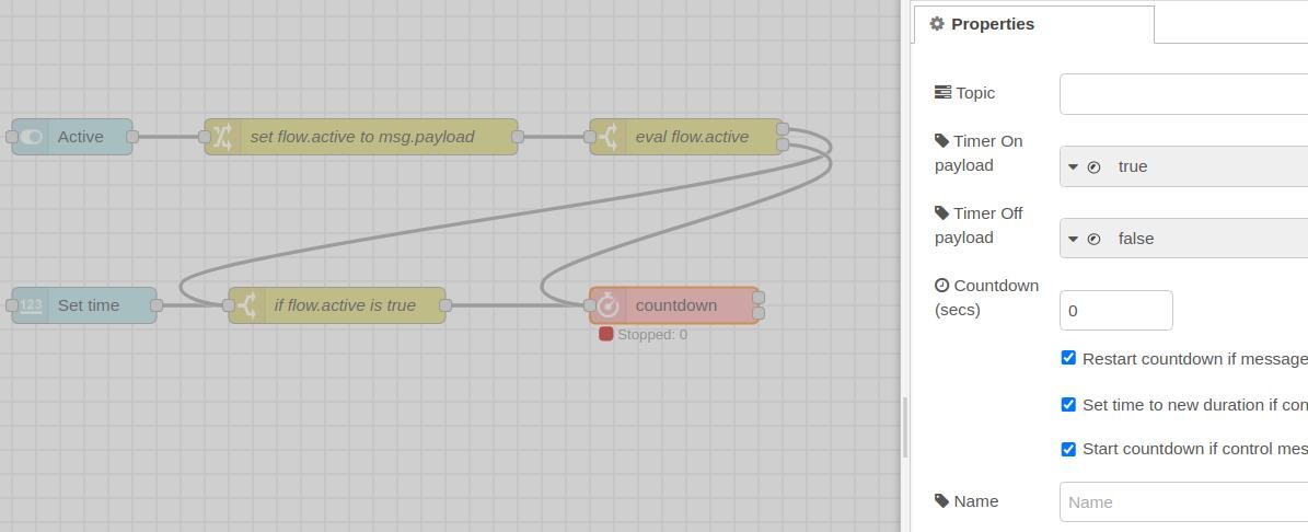 Añadir el nodo de cuenta atrás - Flujo de Node-RED - Ejemplo de Node-RED: Cómo establecer una cuenta atrás en el PLC Raspberry