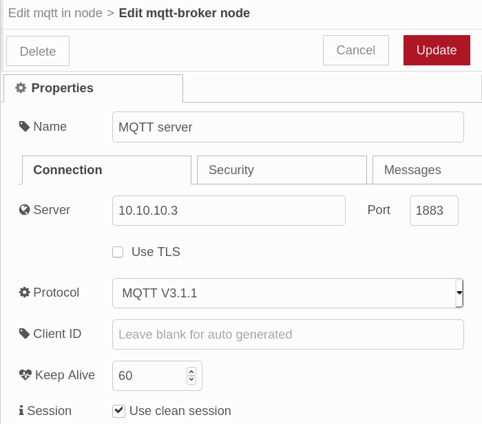 Conexión - Propiedades - Editar mqtt en el nodo - Servidor MQTT: PC (Localhost) - Cómo enviar un mensaje de advertencia cuando el PLC de Raspberry está apagado