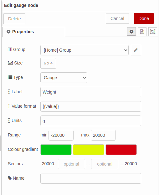 Editar nodo gauge - Node-RED &amp; Tutorial de Raspberry: Cómo capturar datos del sensor