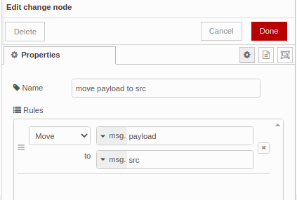 move payload to src - Edit change node - Node-RED & Raspberry tutorial: How to capture data from sensor