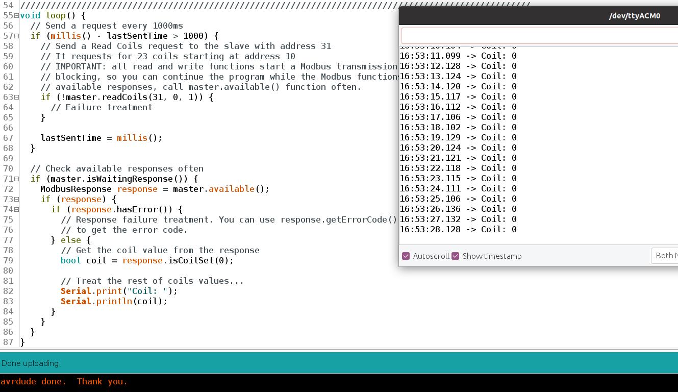 Serial Monitor - Read coil Q0.0 input - Modbus RTU Tutorial: How to Read Coil with Arduino PLCº