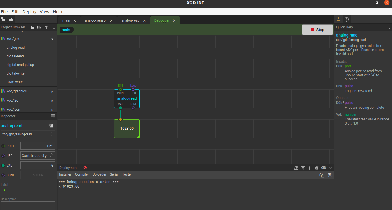 Paso 5 - Lectura de una entrada analógica - XOD.IO y PLC basado en Arduino: Cómo leer una entrada