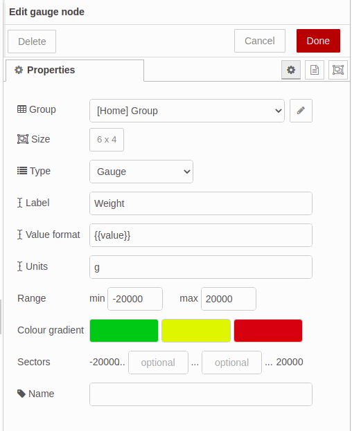 Edit gauge node - Getting the weight value - Node-RED & Raspberry Pi tutorial: How to capture data from the sensor