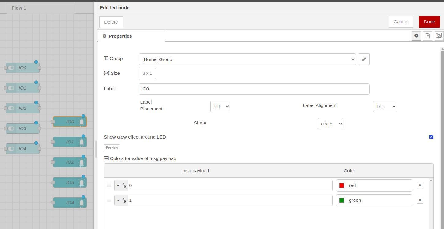 Editar nodo led - Tutorial de Node-RED y Panel PC de 7": Cómo probar las entradas y salidas