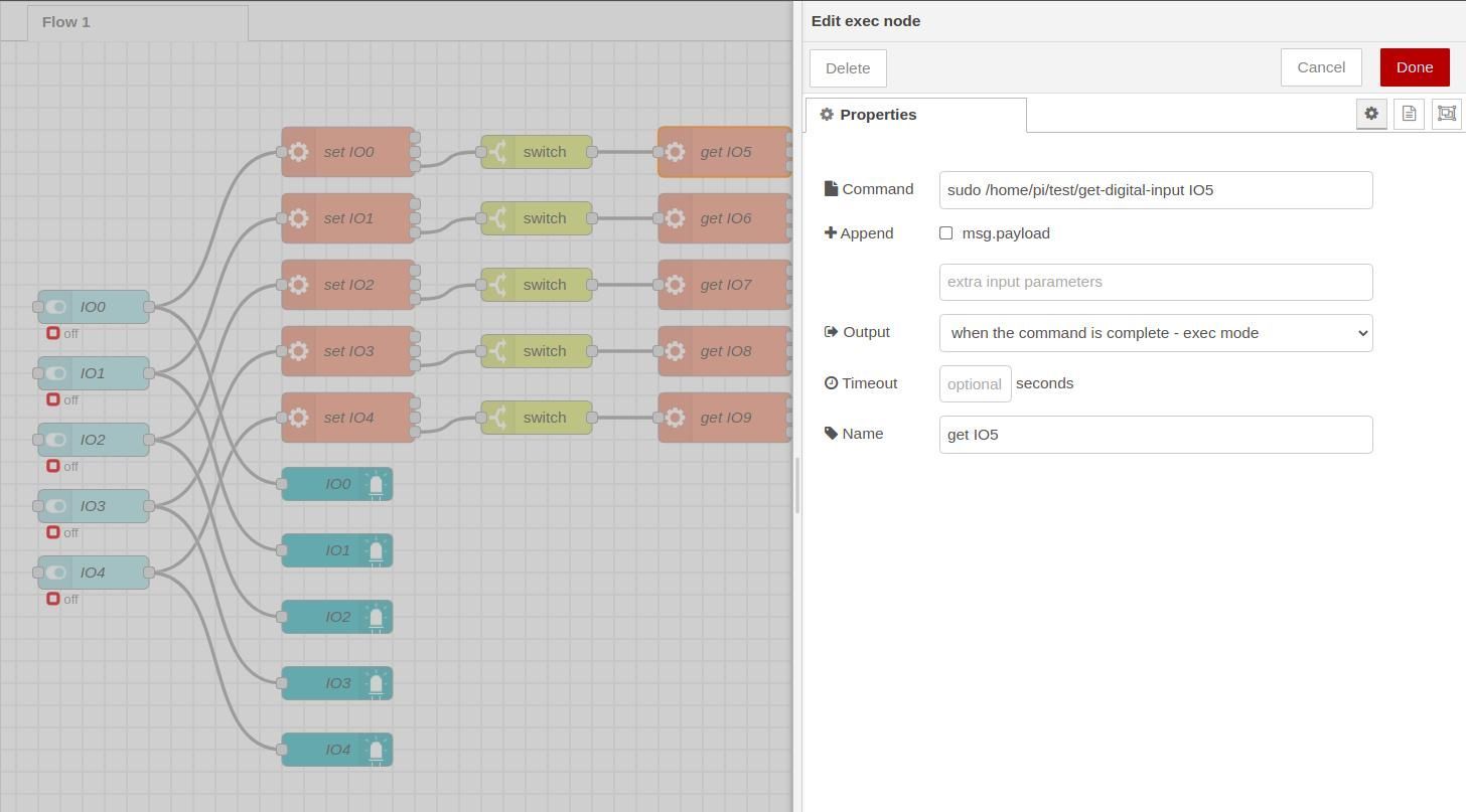 Añadir cinco nodos de ejecución junto a los nodos de conmutación - Tutorial de Node-RED y Panel PC de 7": Cómo probar las entradas y salidas