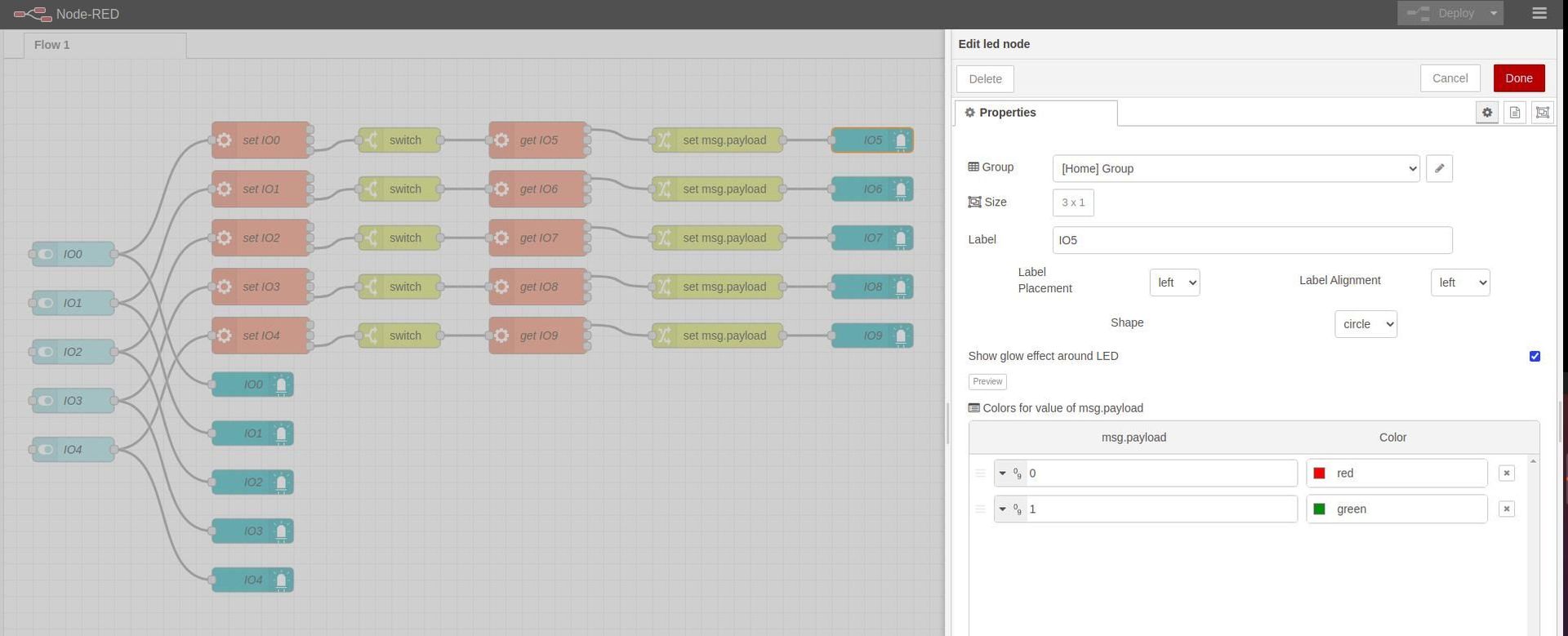 Añadir un nodo led para cada entrada - Tutorial de Node-RED y Panel PC de 7": Cómo probar las entradas y salidas