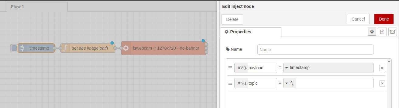 Editar nodo de inyección - Tutorial de Node-RED: Desarrollar una aplicación IoT de aprendizaje automático con Raspberry PLC