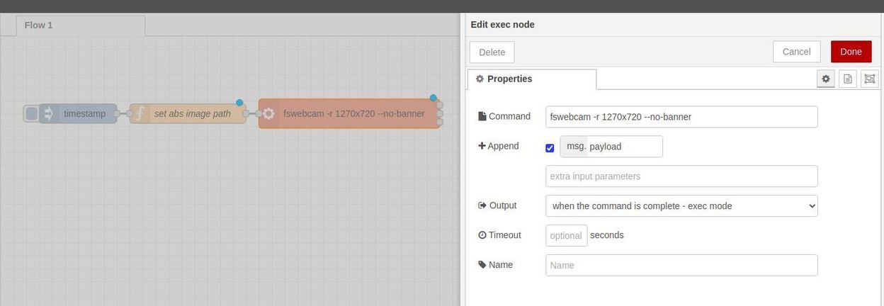 Editar el nodo exec - Tutorial de Node-RED: Desarrollar una aplicación IoT de aprendizaje automático con Raspberry PLC