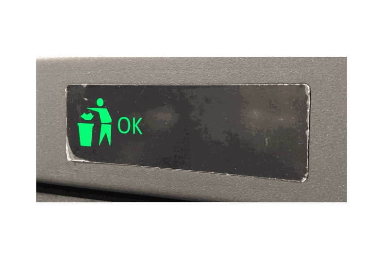 Status panel of the compacting litter bin with a green bin pictogram and the word OK