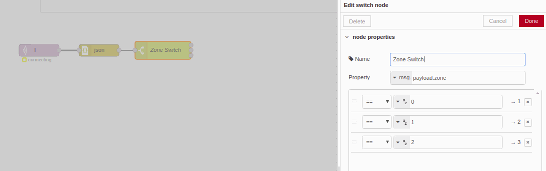 Zone Switch - Edit switch node - Chapter 2 - Develop your SCADA Application based on NodeRED