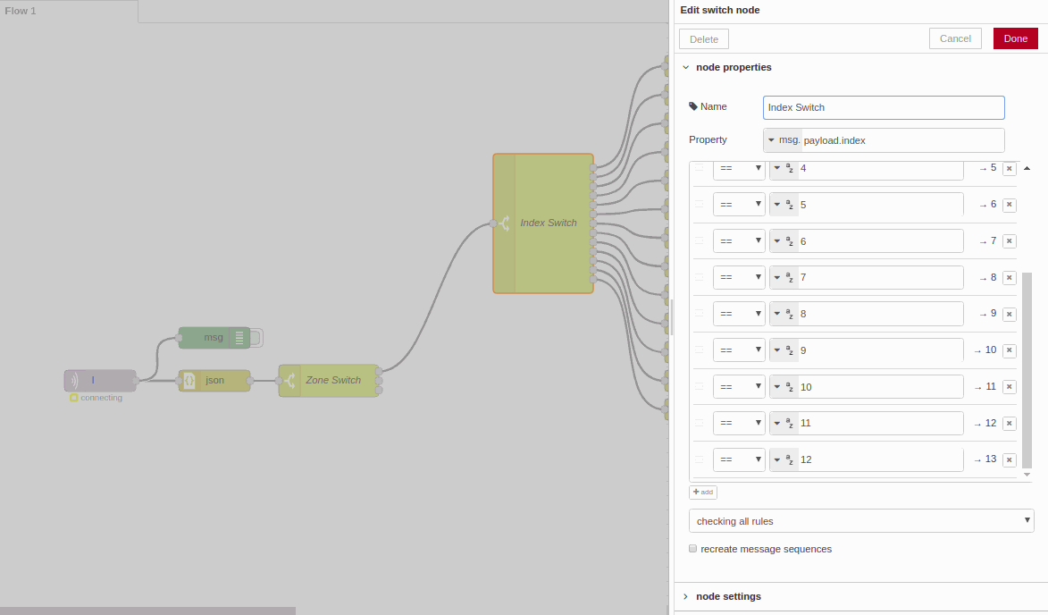 Index node - Edit switch node - Chapter 2 - Develop your SCADA Application based on NodeRED