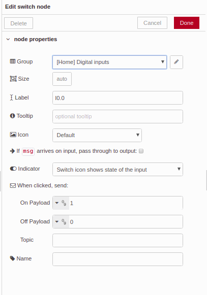Digital Inputs - Edit switch node - Chapter 2 - Develop your SCADA application based on Node-RED