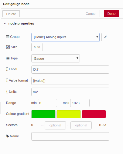 Analog inputs - Edit gauge node - Chapter 2 - Develop your SCADA application based on Node-RED
