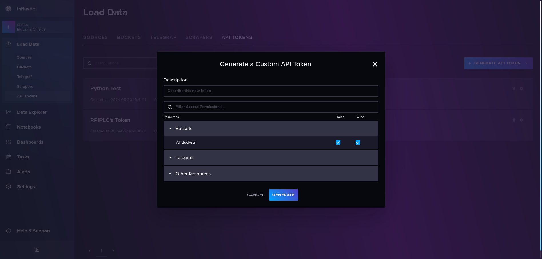 Generating a token in InfluxDB