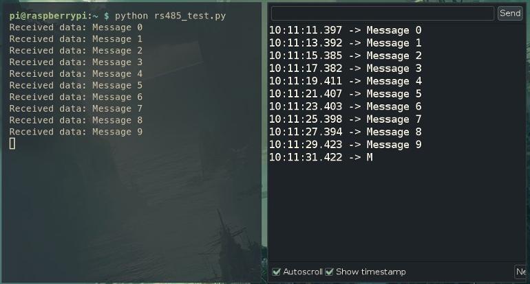 RS485 communication test output showing received messages on UPSafePi and M-Duino