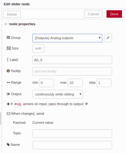 Analog Inputs - Edit Slider node - Chapter 3 - Develop your SCADA application based on Node-RED