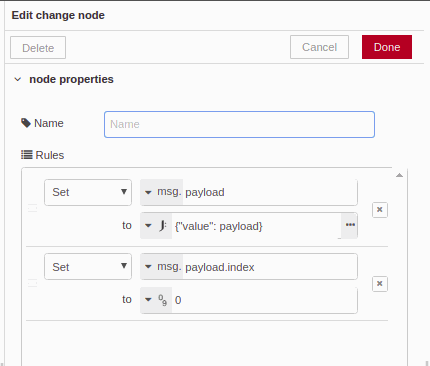 Edit Change node 1 - Chapter 3 - Develop your SCADA application based on Node-RED