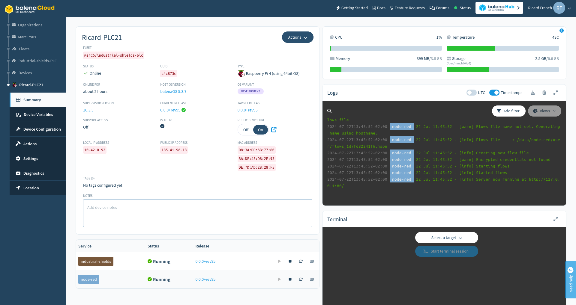 BalenaCloud device dashboard