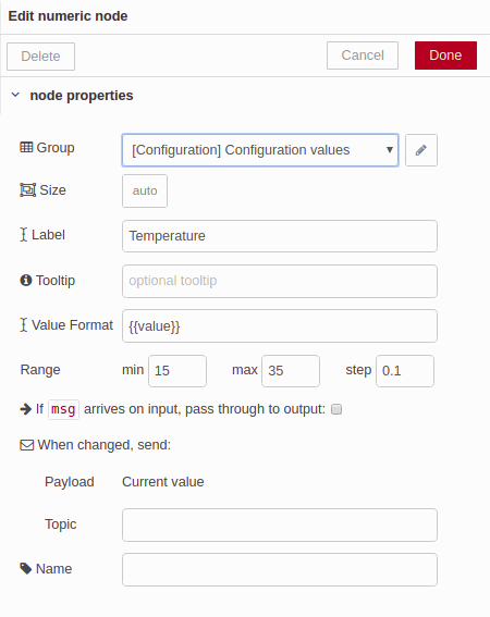 Edit numeric node 1 - Chapter 4 - Develop your SCADA Application based on Node-RED