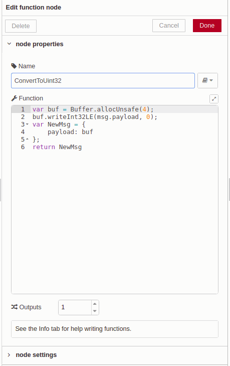 Edit function node 1 - Chapter 4 - Develop your SCADA Application on Node-RED