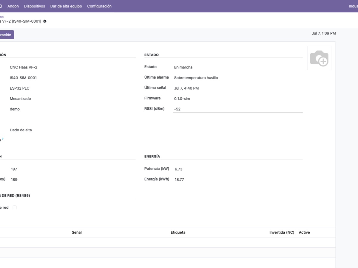 Machine view with production and energy data