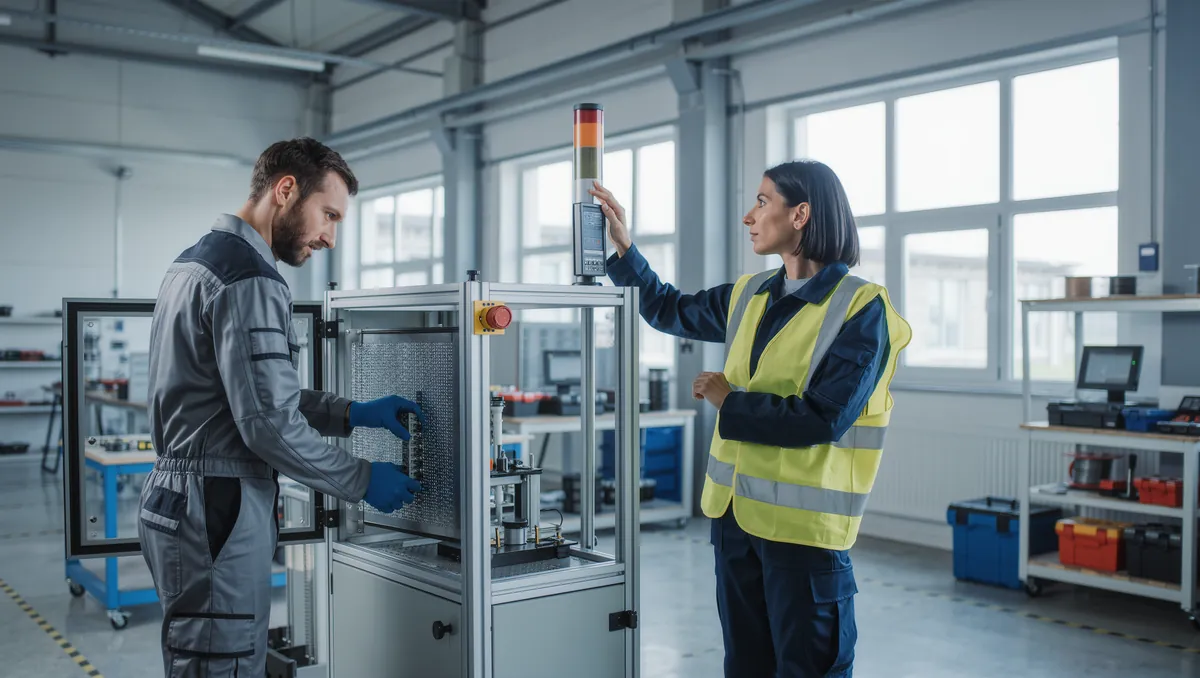 Ardbox Q for machine builders and OEMs Machine builder and engineer commissioning an automated machine with a stack light on the factory floor