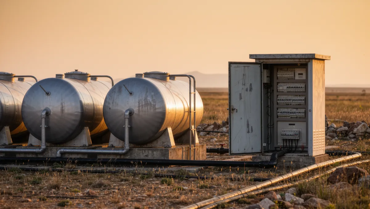 Ardbox Q for remote telemetry and IIoT Remote tank station with an outdoor electrical control cabinet at sunset