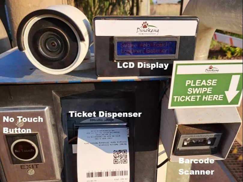 Close view of the gate pedestal: 2-line LCD display, No Touch button, ticket dispenser with a QR ticket and barcode scanner