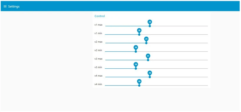 Pantalla de ajustes con un control de temperatura máxima y mínima para cuatro depósitos